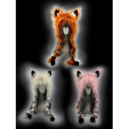 Bonnet renard à poils longs orange, blanc ou rose