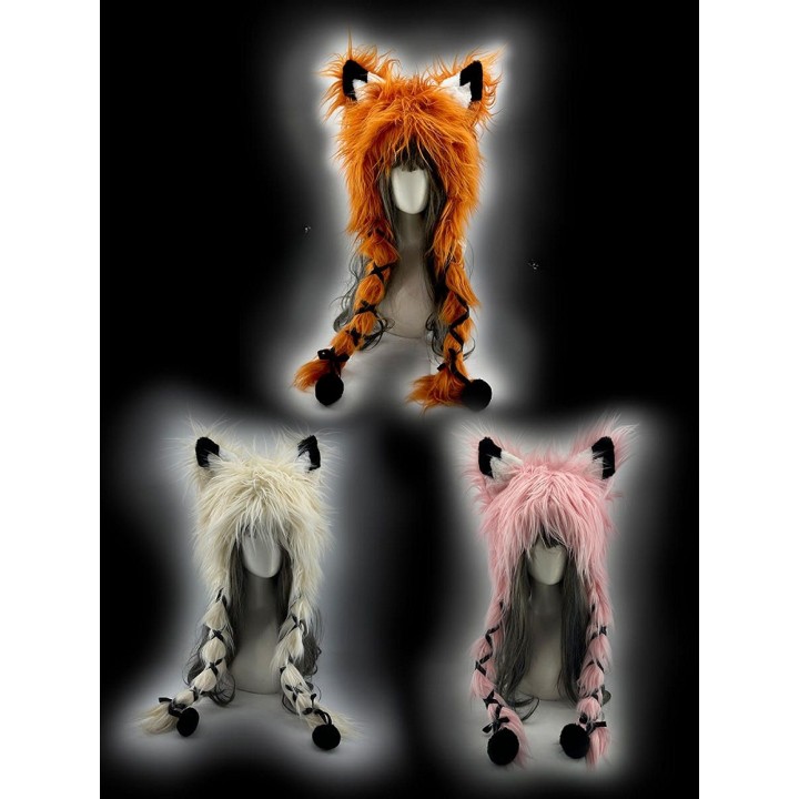 Bonnet renard à poils longs orange, blanc ou rose