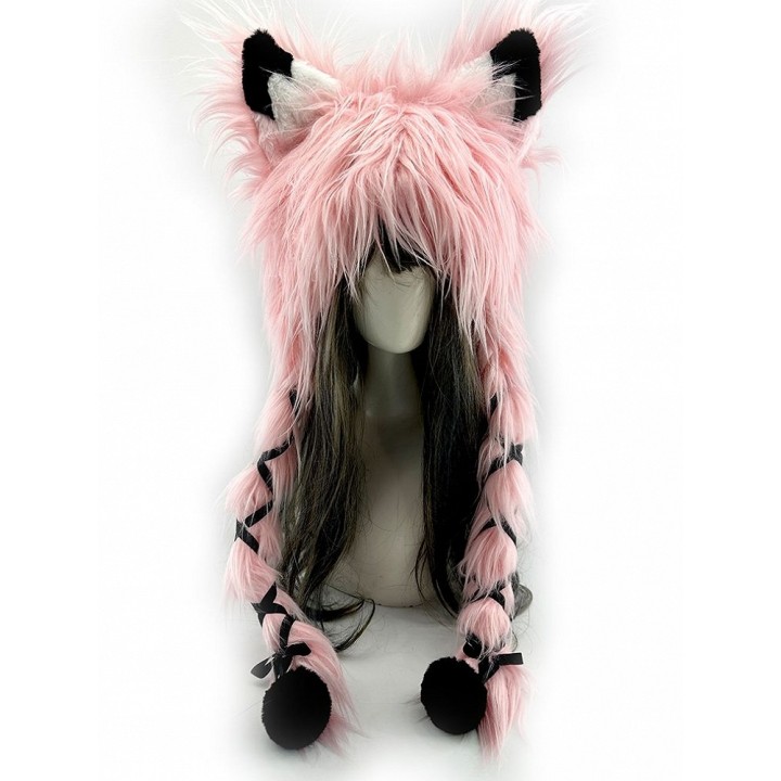 Bonnet renard à poils longs orange, blanc ou rose