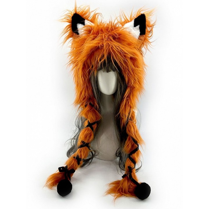 Bonnet renard à poils longs orange, blanc ou rose