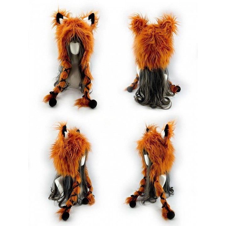 Bonnet renard à poils longs orange, blanc ou rose
