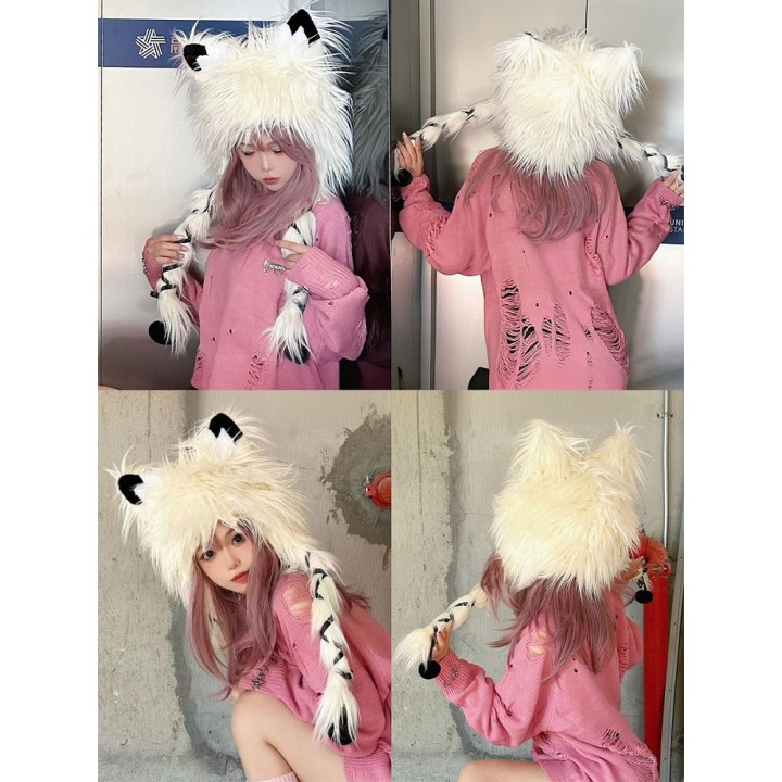 Bonnet renard à poils longs orange, blanc ou rose