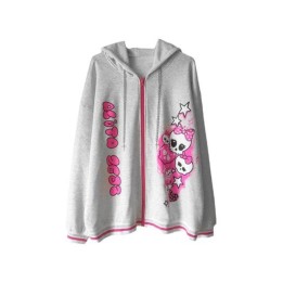 Sweat zippé à capuche rose imprimé lettres et tête de mort