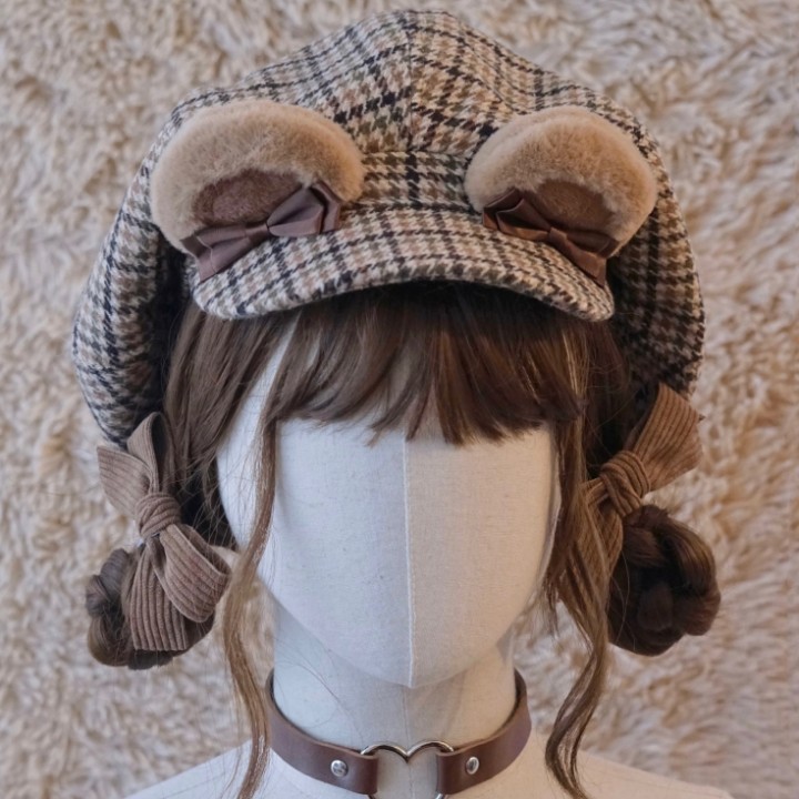 Béret pied-de-poule marron à oreilles d'ourson