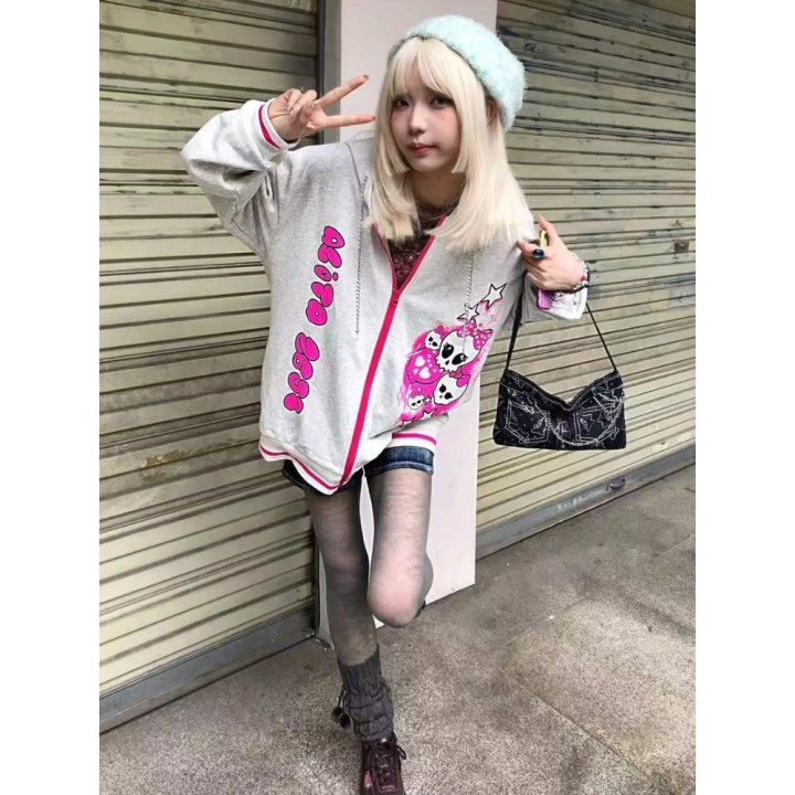 Sweat zippé à capuche rose imprimé lettres et tête de mort