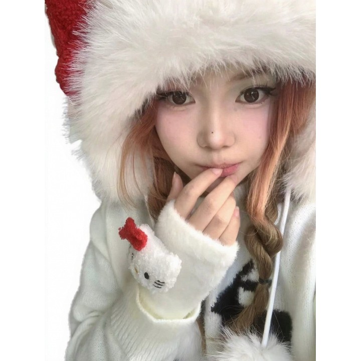 Bonnet chat blanc kawaii à grand nœud rouge