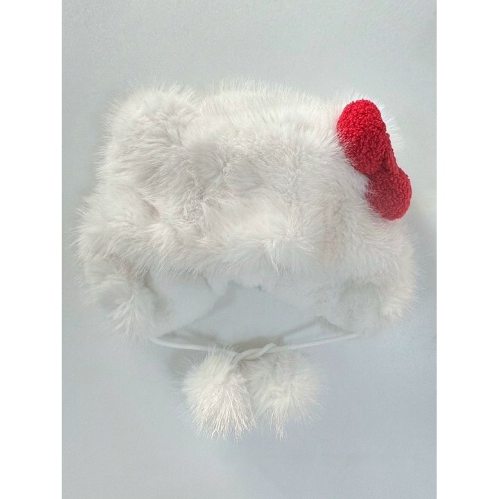 Bonnet chat blanc kawaii à grand nœud rouge