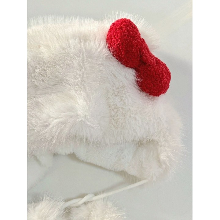 Bonnet chat blanc kawaii à grand nœud rouge