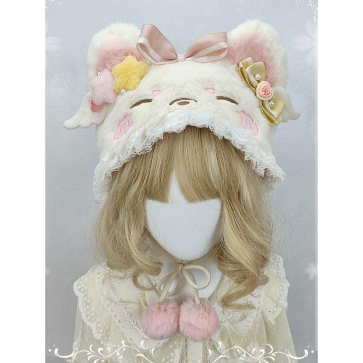 Bonnet beige oreilles de chat à étoiles et nœuds