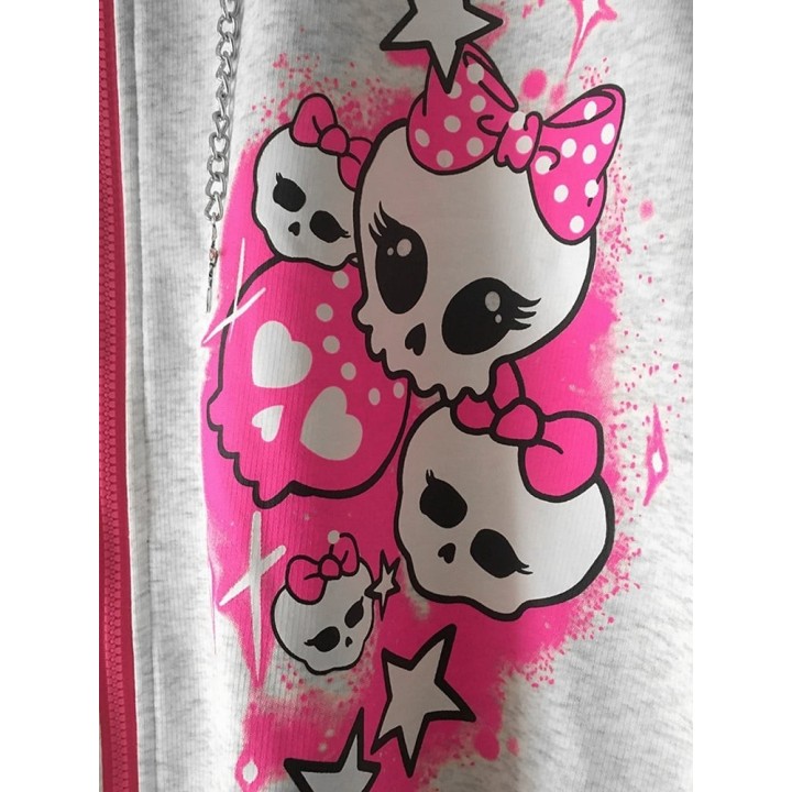 Sweat zippé à capuche rose imprimé lettres et tête de mort