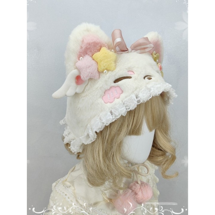 Bonnet beige oreilles de chat à étoiles et nœuds