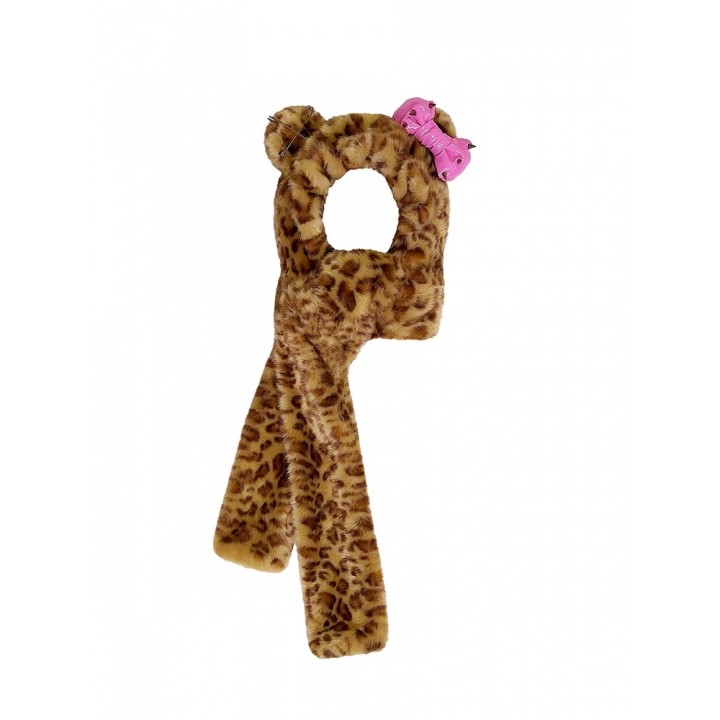 Bonnet léopard à oreilles, écharpe et nœud