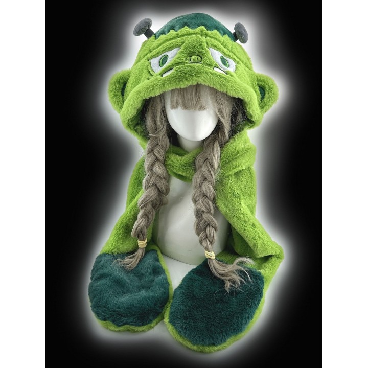 Bonnet zombie vert à écharpe et moufles