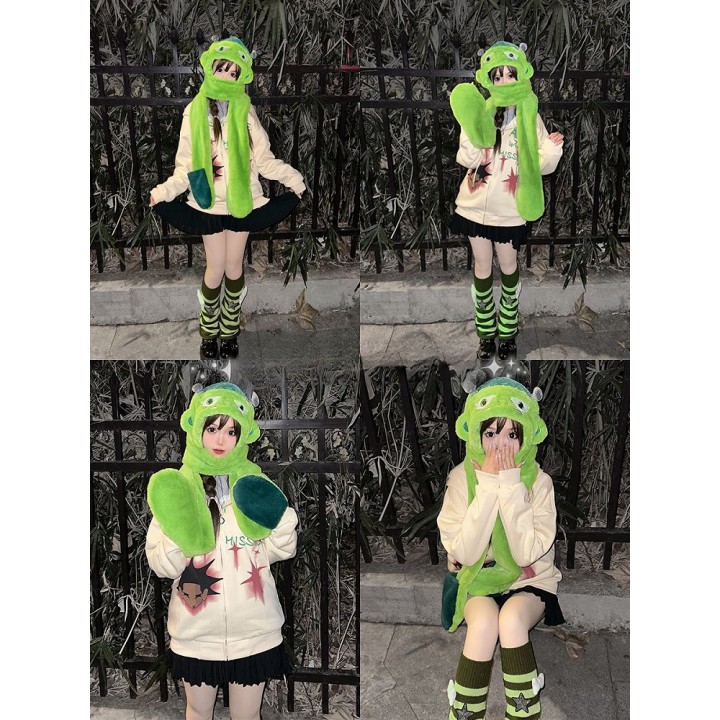 Bonnet zombie vert à écharpe et moufles