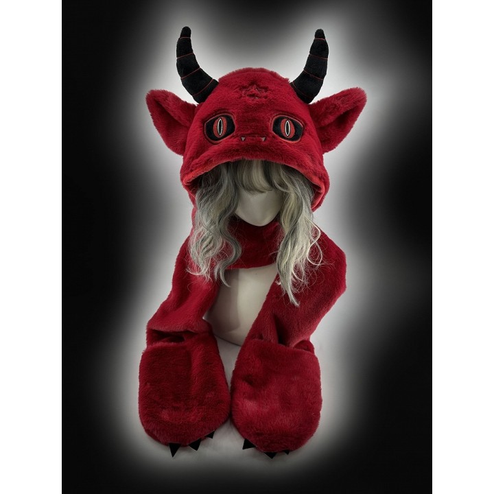 Bonnet diablotin rouge à écharpe et moufles