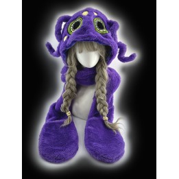 Bonnet pieuvre violet à écharpe et moufles