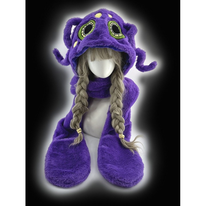 Bonnet pieuvre violet à écharpe et moufles
