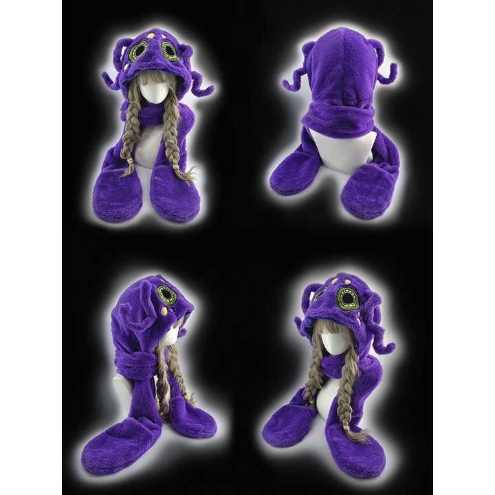 Bonnet pieuvre violet à écharpe et moufles
