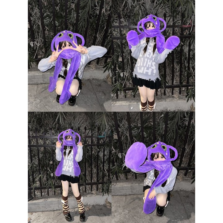 Bonnet pieuvre violet à écharpe et moufles