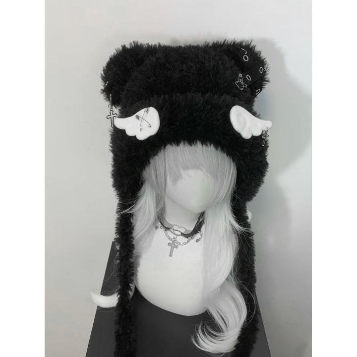 Bonnet oreilles de chat à croix et ailes – noir ou blanc