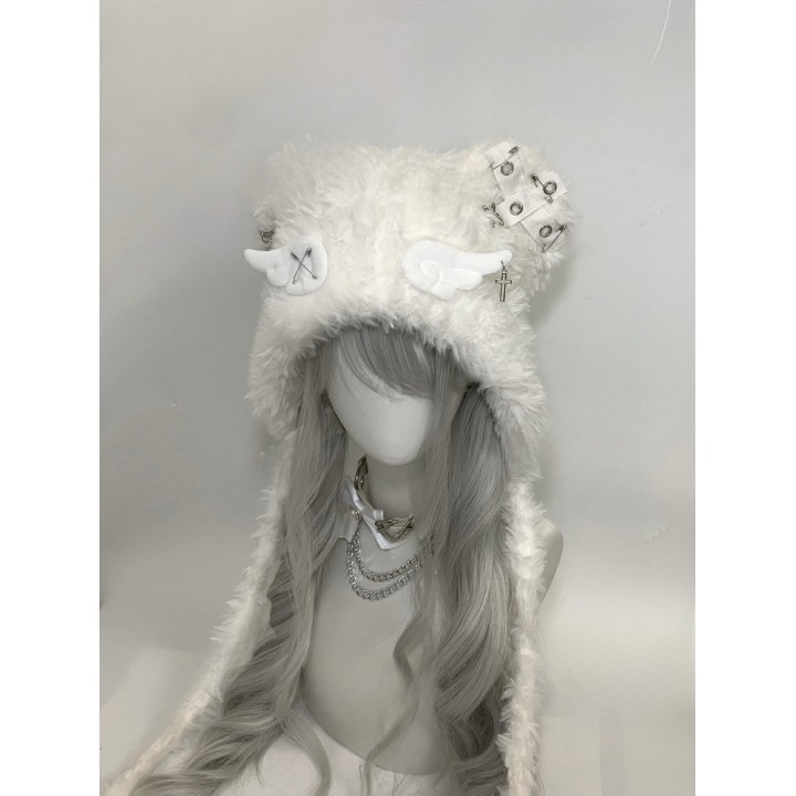Bonnet oreilles de chat à croix et ailes – noir ou blanc