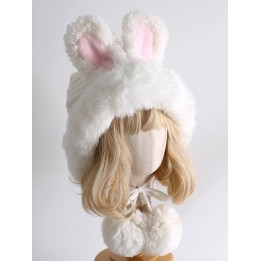 Bonnet lolita blanc à longues oreilles de lapin et pompons
