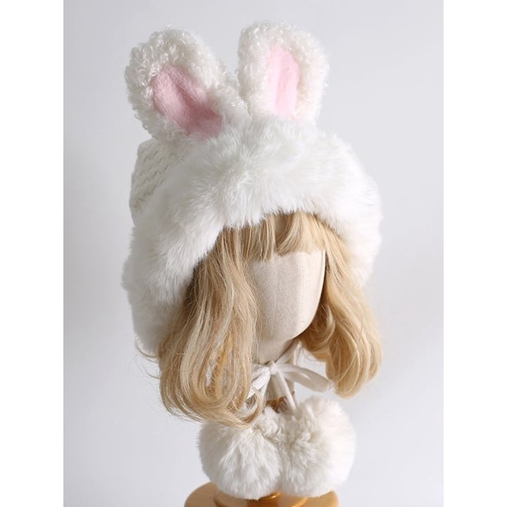 Bonnet lolita blanc à longues oreilles de lapin et pompons