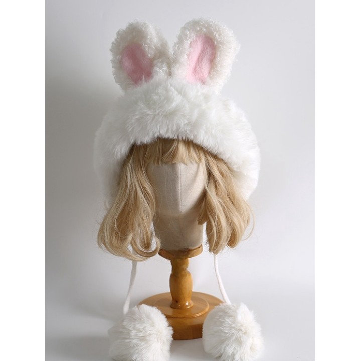 Bonnet lolita blanc à longues oreilles de lapin et pompons