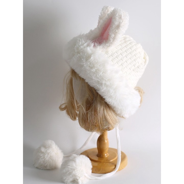 Bonnet lolita blanc à longues oreilles de lapin et pompons