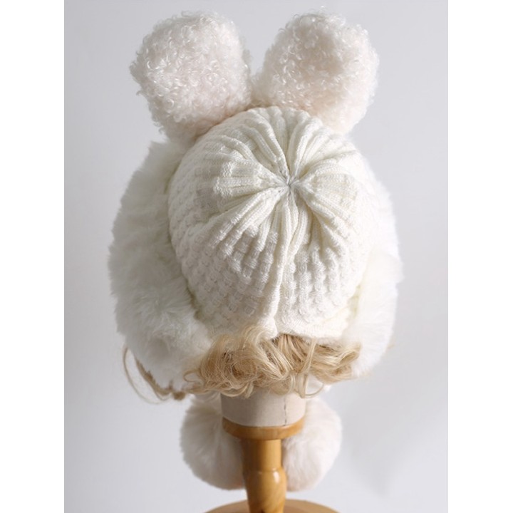 Bonnet lolita blanc à longues oreilles de lapin et pompons