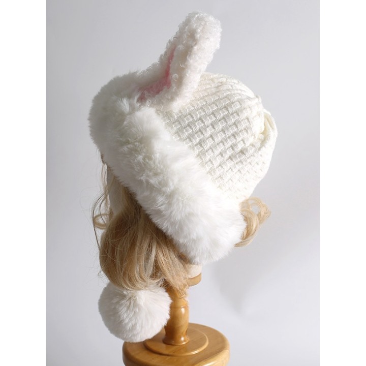 Bonnet lolita blanc à longues oreilles de lapin et pompons