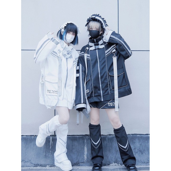Veste Jirai Kei cyberpunk blanche à sangles et boucles