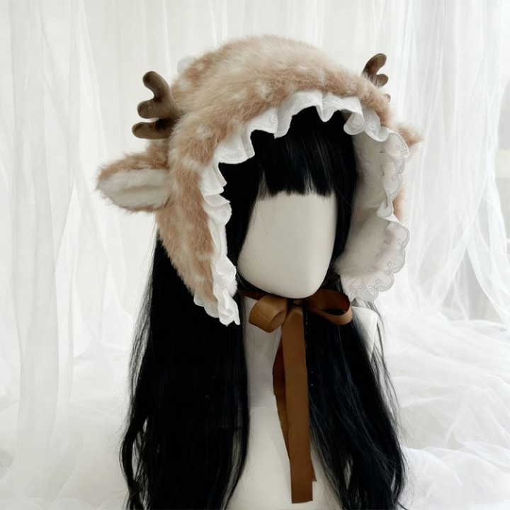 Bonnet lolita faon à bois, dentelle et oreillettes