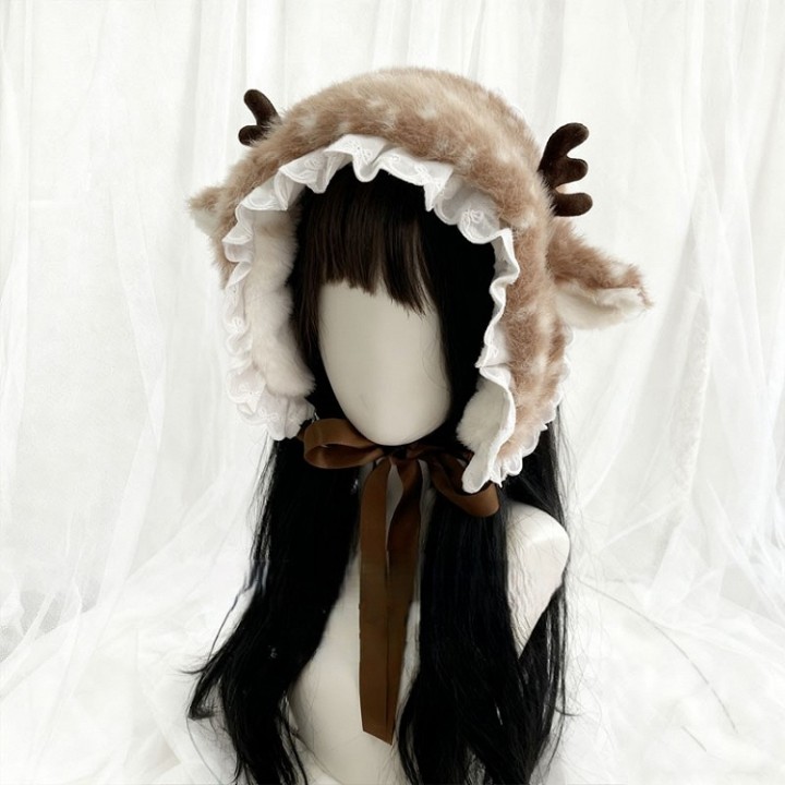 Bonnet lolita faon à bois, dentelle et oreillettes