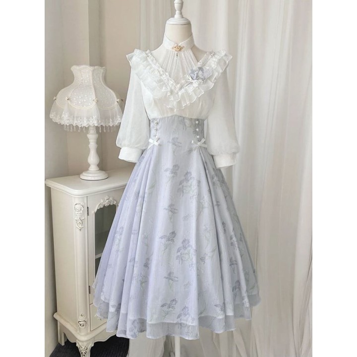 Robe one piece lolita imprimé iris blanc et violet, col licou