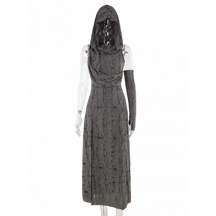 Robe Wasteland Punk grise à capuche effet usé, fente haute et manchette