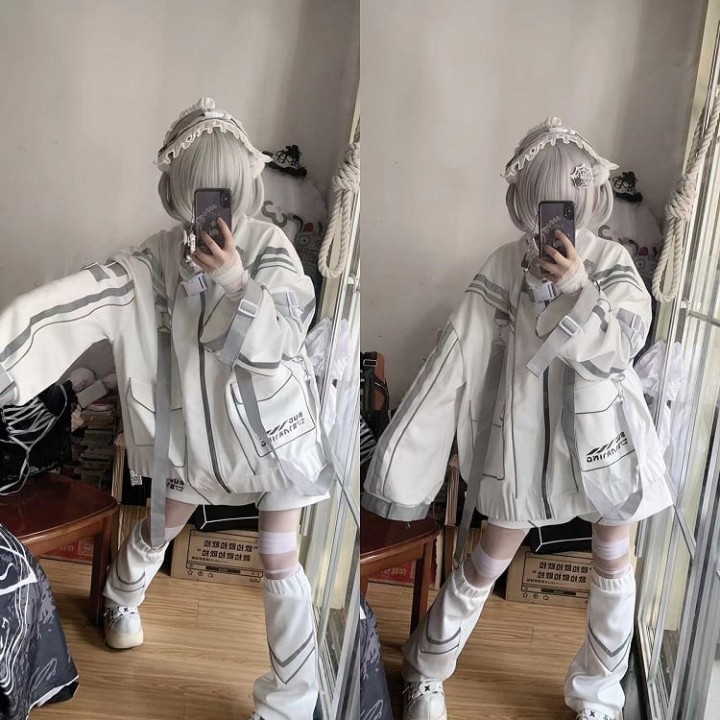 Veste Jirai Kei cyberpunk blanche à sangles et boucles