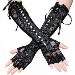 Gants longs noirs à laçage et dentelle fleurie