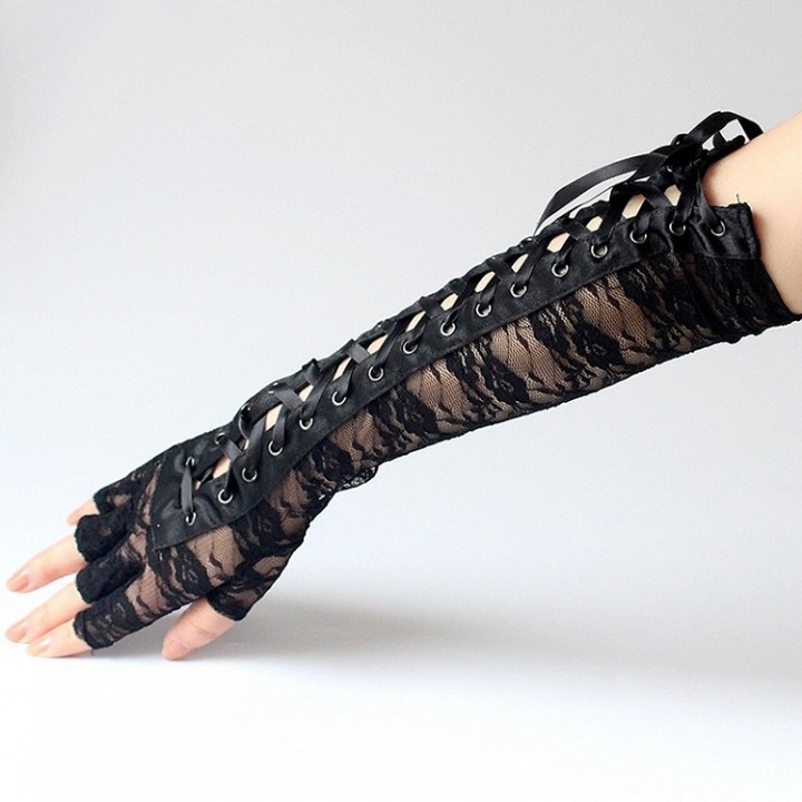 Gants longs noirs à laçage et dentelle fleurie