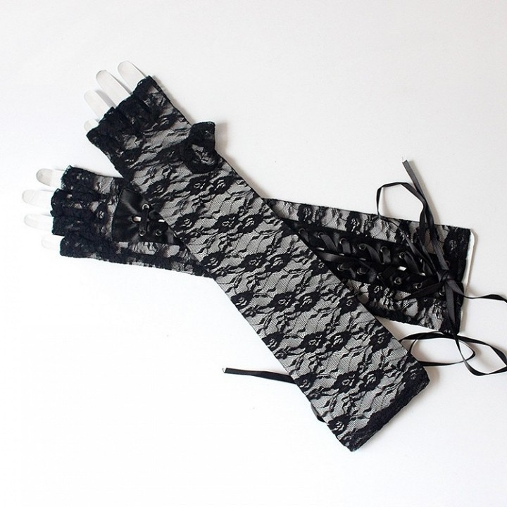 Gants longs noirs à laçage et dentelle fleurie