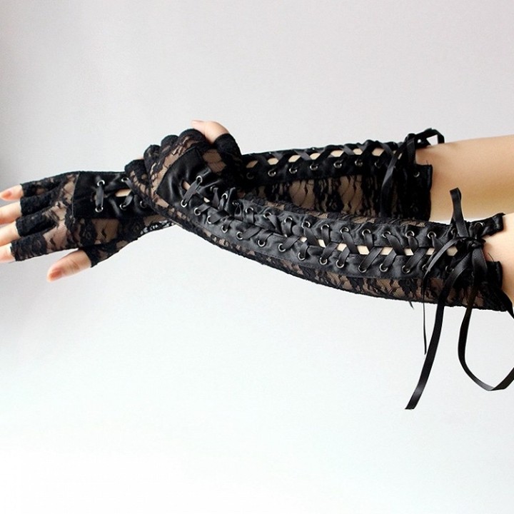 Gants longs noirs à laçage et dentelle fleurie