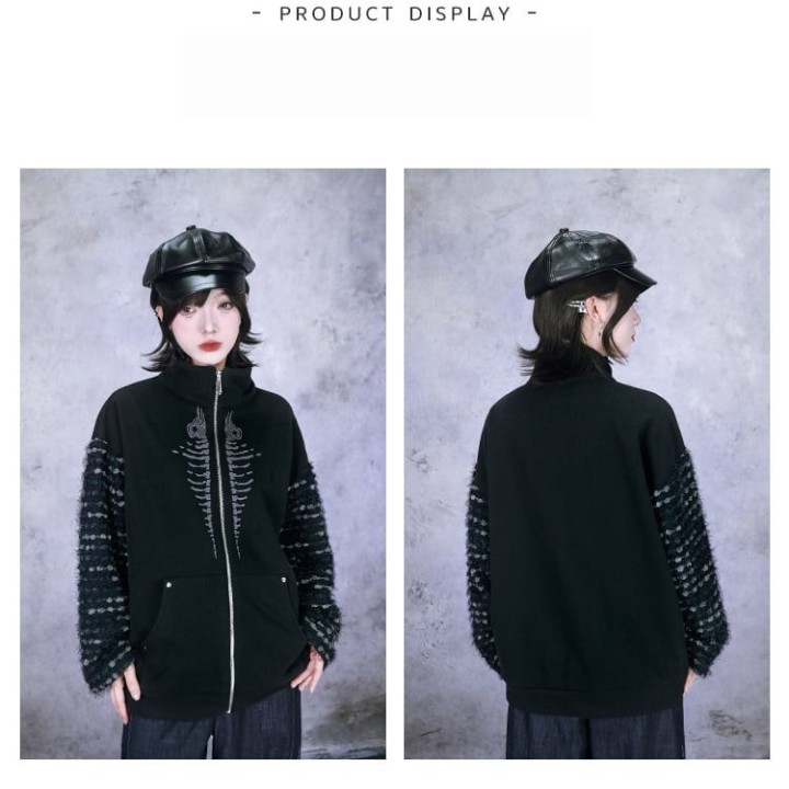 Veste gothique zippée doublée polaire, squelette de baleine et manches peluche