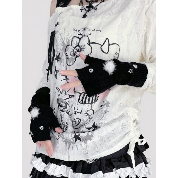 Mitaines gothic lolita à fourrure et strass