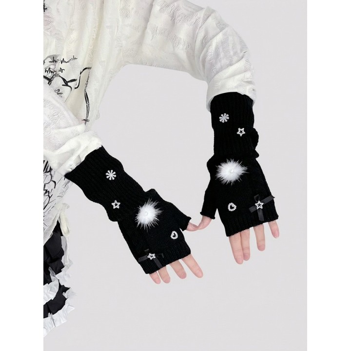Mitaines gothic lolita à fourrure et strass