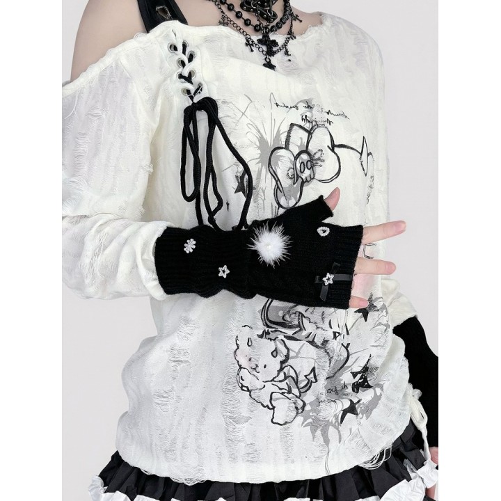 Mitaines gothic lolita à fourrure et strass