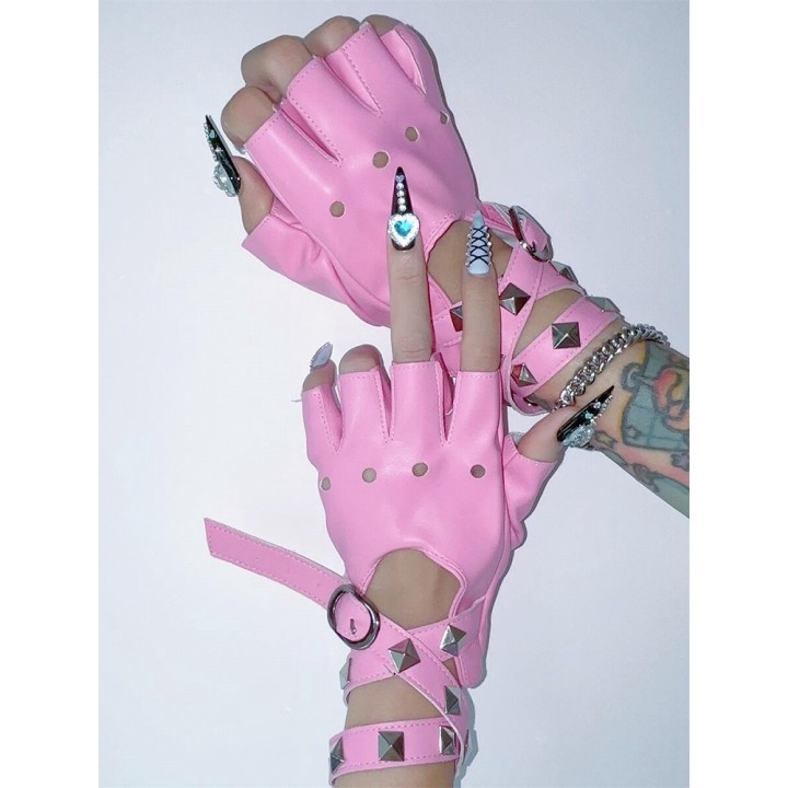 Mitaines punk à sangles croisées et clous