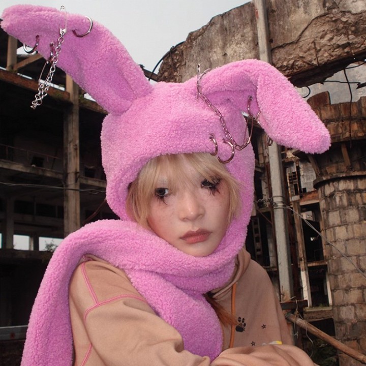 Écharpe à capuche oreilles de lapin – rose ou blanc