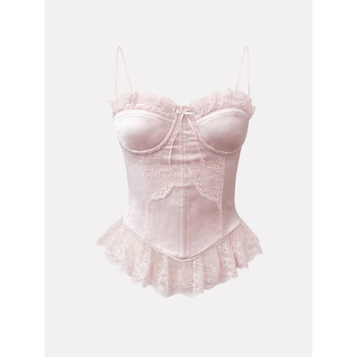 Corset baleiné rose à fines bretelles