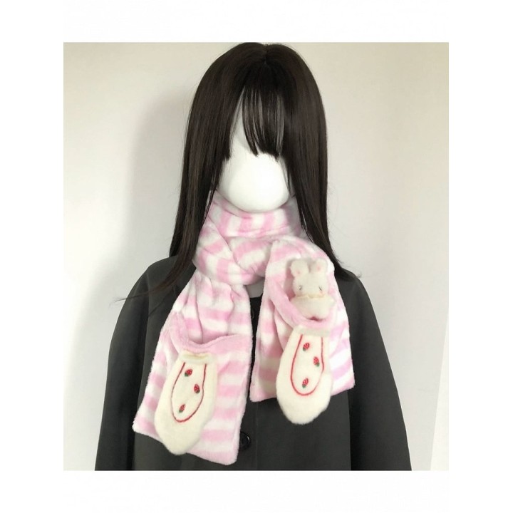 Écharpe kawaii rayée rose avec broche lapin et poche fraise