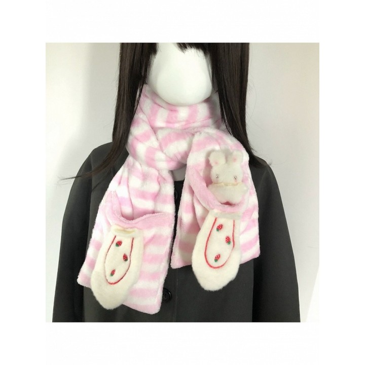 Écharpe kawaii rayée rose avec broche lapin et poche fraise